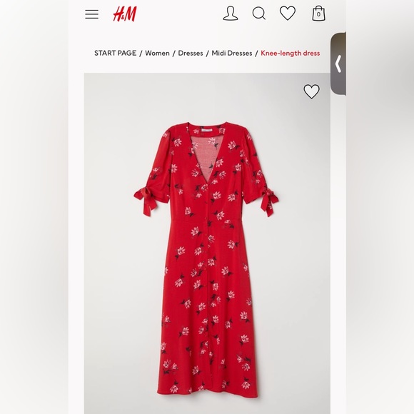 H&M red knee length midi floral dress - size 2 - Picture 1 of 7